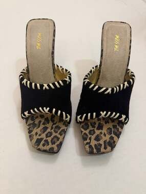 Miss Me Leopard Print Black Suede Heeled Mules Size 7.5 Y2K Boho